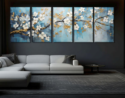 Floral Canvas Art – Soft Blue Wall Art With White Gold Flowers | Ready to Hang