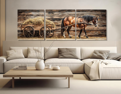 Horse Pulling Wooden Cart Rustic Wall Art – Framed Canvas Print Ready to Hang