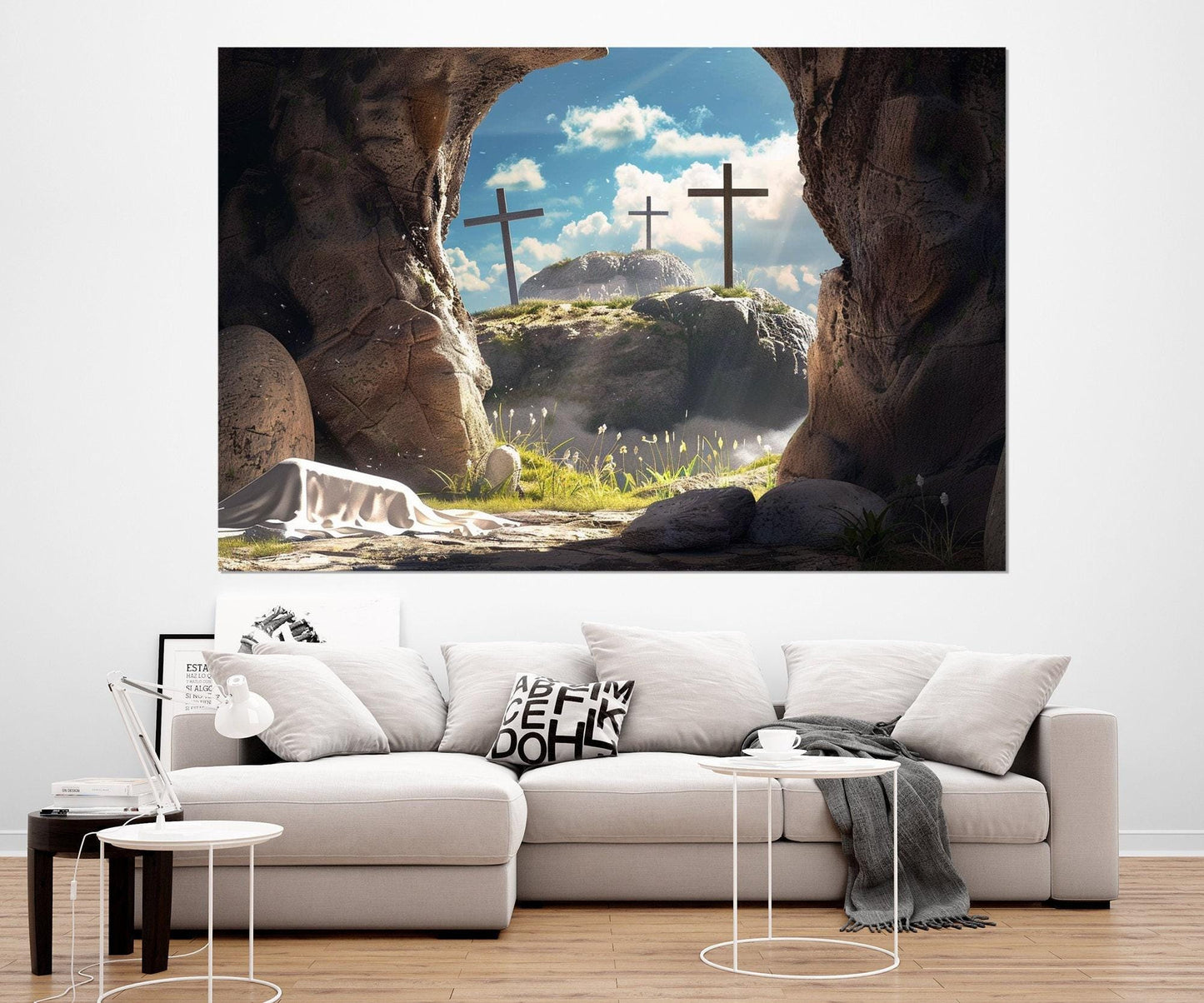 Empty Tomb and Three Crosses Symbolizing Jesus Resurrection Canvas Print, Framed and Ready to Hang