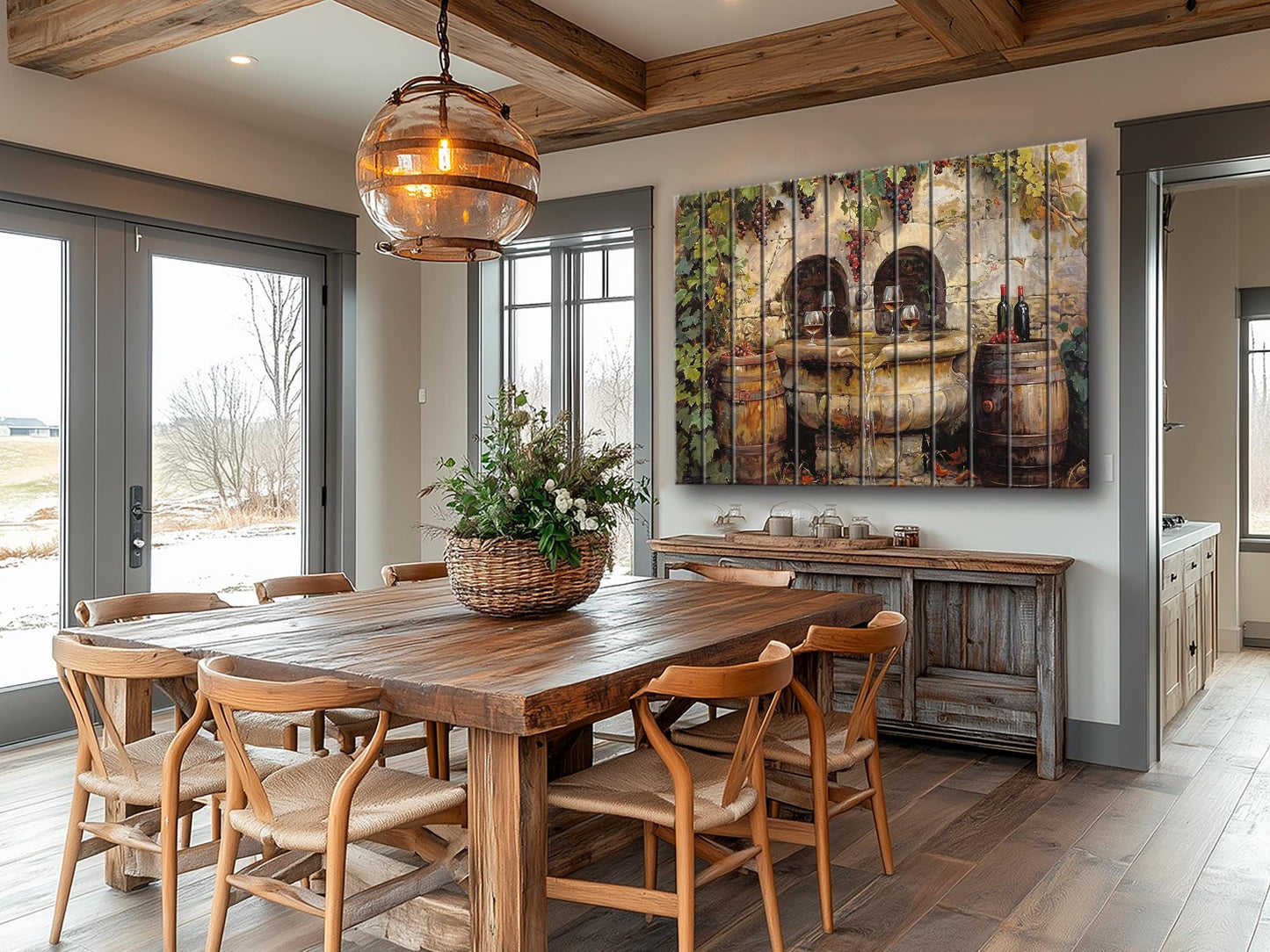 Rustic Wine Wall Art - Vintage Wine Barrels & Fountain Painting on Natural Wood