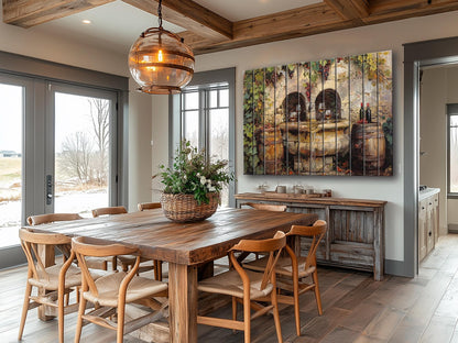 Rustic Wine Wall Art - Vintage Wine Barrels & Fountain Painting on Natural Wood