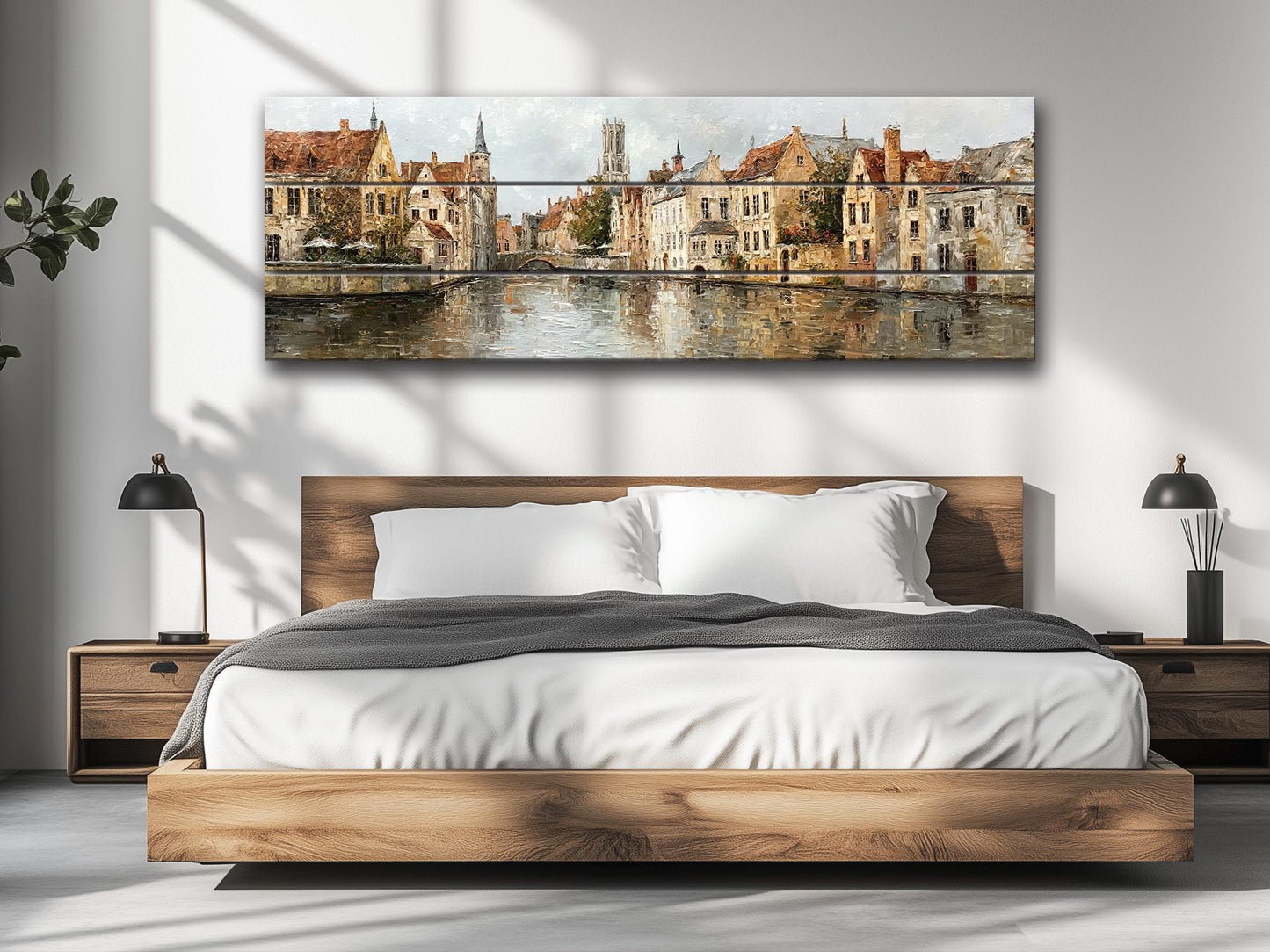 Bruges Canal Wood Print – Rustic Wall Art With Medieval Houses Painting & Beige Light