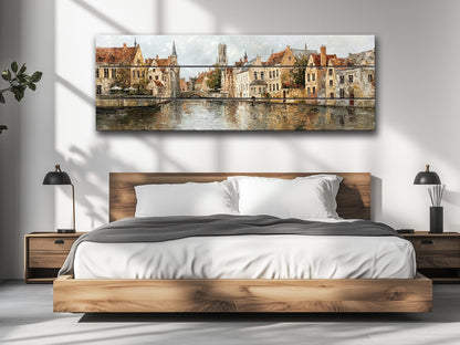 Bruges Canal Wood Print – Rustic Wall Art With Medieval Houses Painting & Beige Light