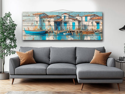 Seaside Village Print – Coastal Wall Art on Rustic Wood with Sky Blue Decor