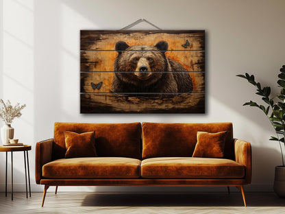 Rustic Grizzly Bear Print - Natural Wood Wall Art | Cabin Decor & Wildlife Artwork