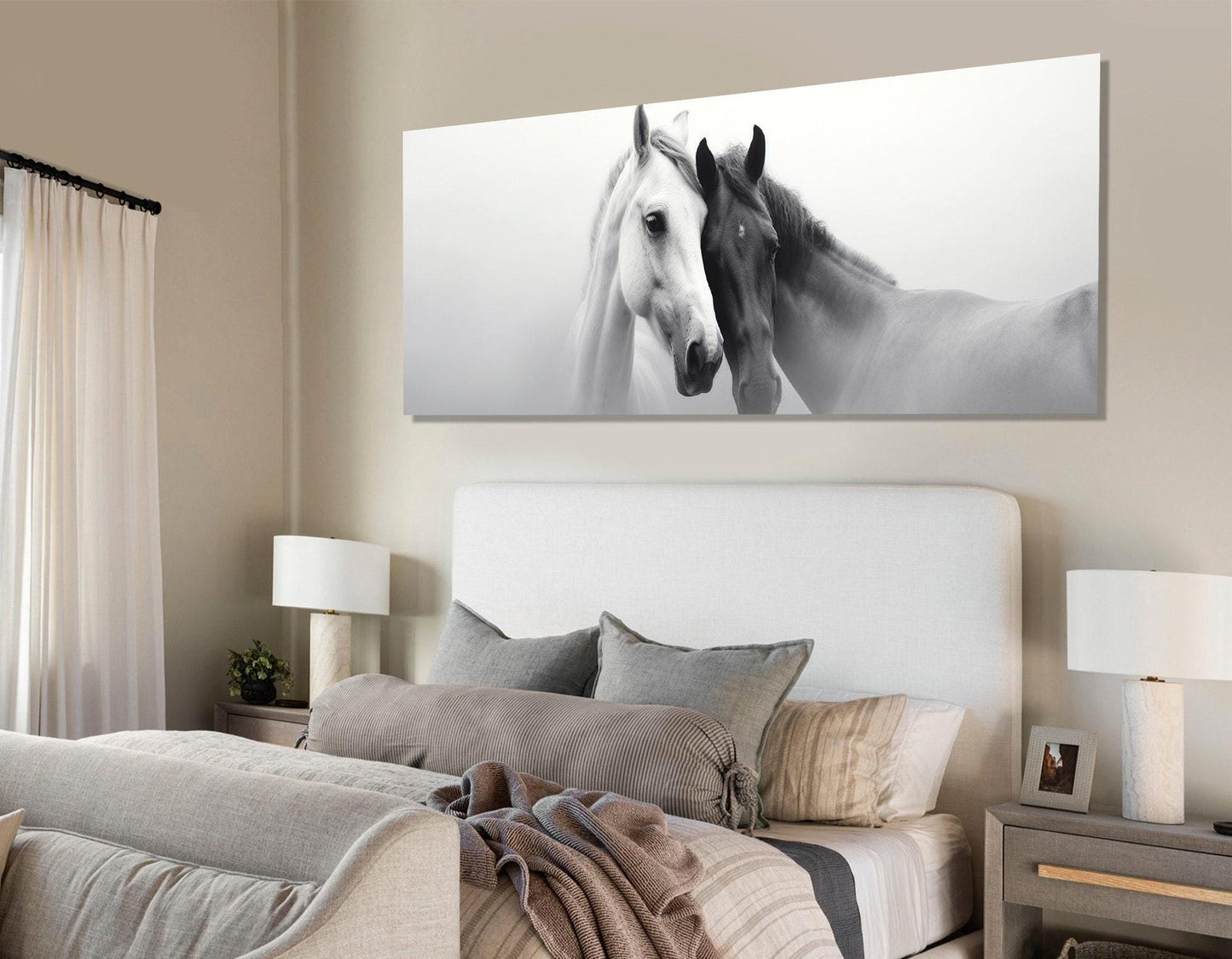 Horses Canvas Print – Black and White Horses in Love Romantic Wall Art, Large Cotton Canvas