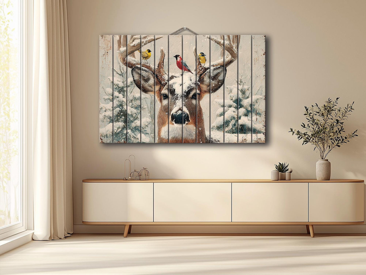 Snowy Deer Wall Art on Wood – Rustic Winter Scene, Cabin Decor