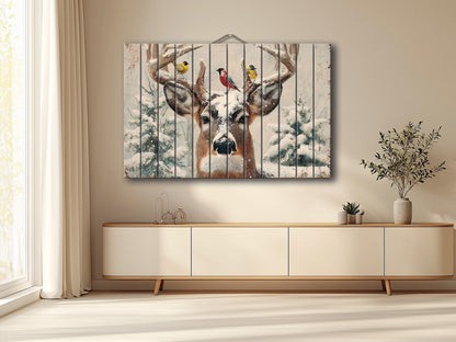Snowy Deer Wall Art on Wood – Rustic Winter Scene, Cabin Decor