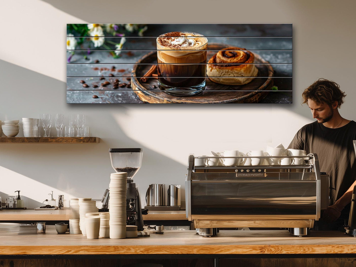 Rustic Kitchen Wall Art – Coffee Cinnamon Print on Natural Wood Plank Decor