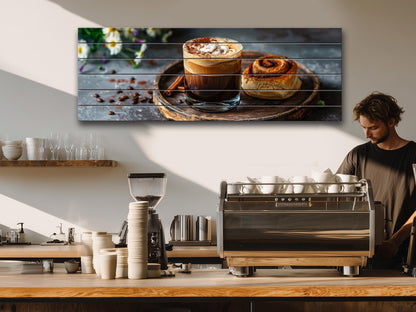 Rustic Kitchen Wall Art – Coffee Cinnamon Print on Natural Wood Plank Decor