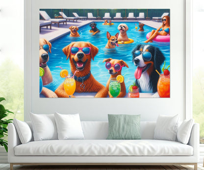 Pool Party Wall Decor - Dogs Pool Party Print Canvas | Framed Ready to Hang Art