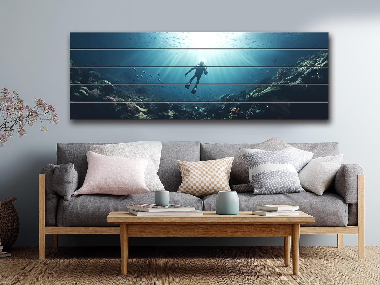 Ocean Wall Art – Natural Wood Print | Diving Art Print on Rustic Wood Planks