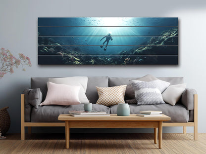 Ocean Wall Art – Natural Wood Print | Diving Art Print on Rustic Wood Planks