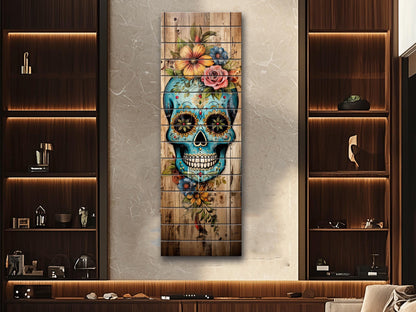 Mexican Sugar Skull Art – Rustic Wood Wall Decor | Vibrant Floral Skull Print