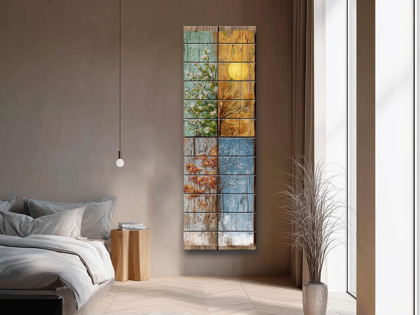 Rustic Wood Wall Art – Four Seasons Artwork on Natural Wood Planks | Cozy Living Room Decor