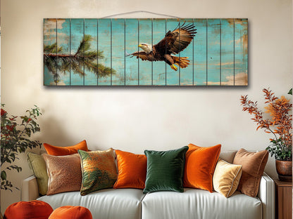 Rustic Wood Wall Art - Abstract American Bald Eagle Painting on Natural Wood Planks