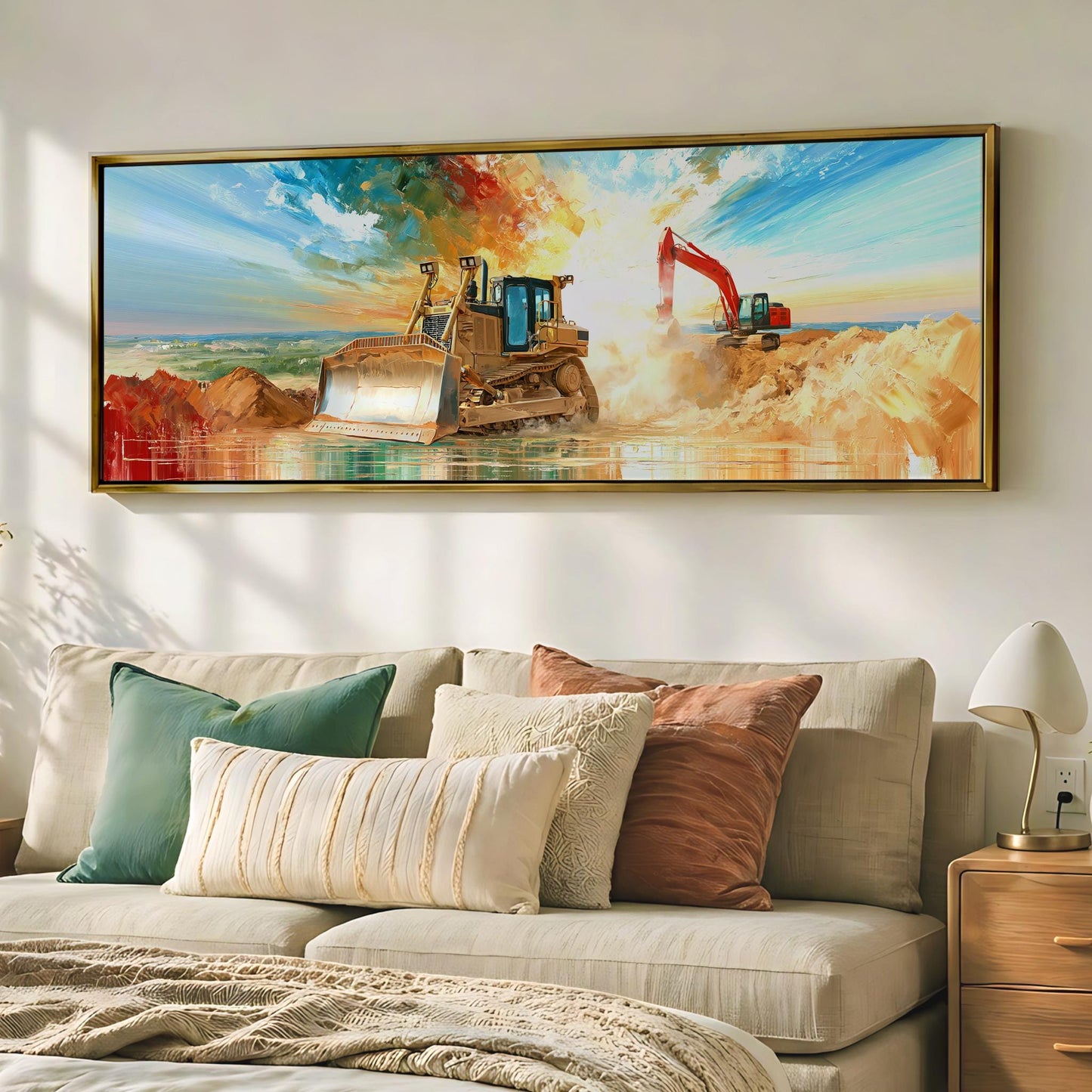 a large painting of a bulldozer on a construction site, hanging on a wall above a couch with pillows.