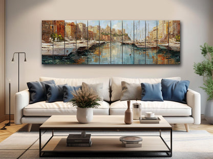 Monaco Harbor Wood Print – Rustic Wall Art | Beige Light Reflections on Distressed Wood