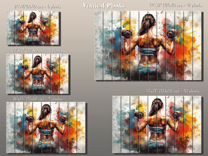 Girl with Dumbbells Painting – Wooden Gym Wall Art | Fitness Motivation Print