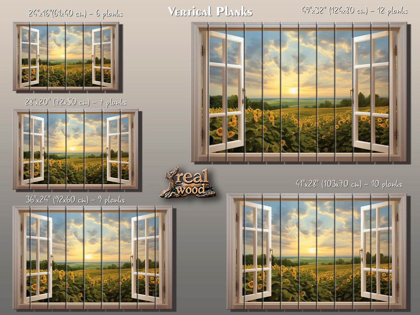 Wood Wall Art | Rustic Floral Wood Print with Sunflower Field Open Window Painting