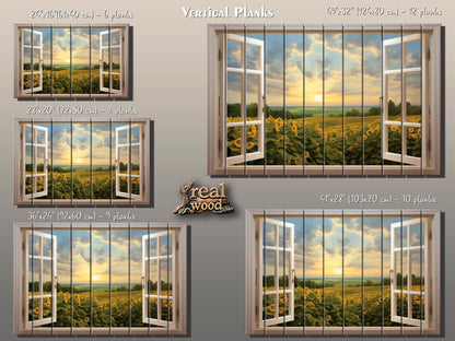 Wood Wall Art | Rustic Floral Wood Print with Sunflower Field Open Window Painting