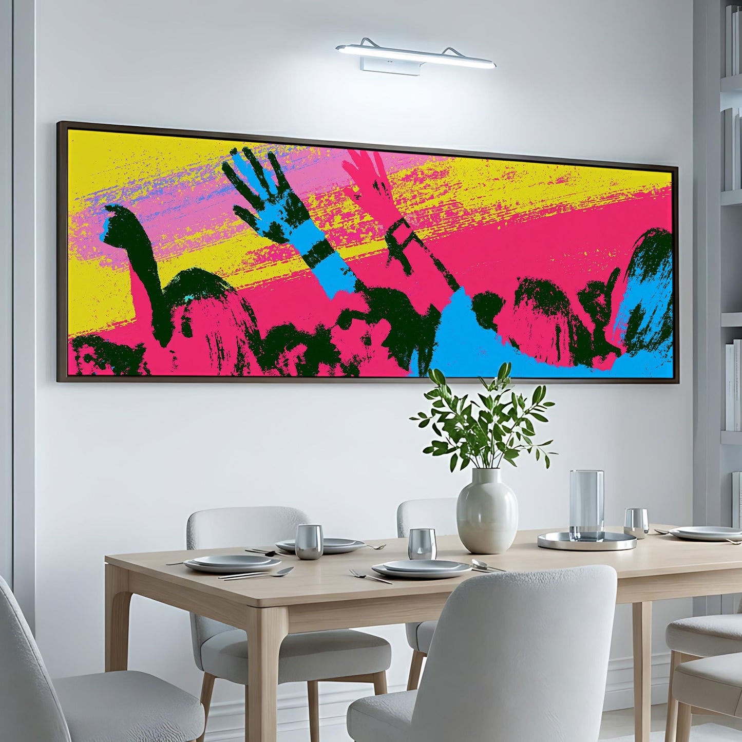 a dining table set with plates, silverware, and a vase of flowers, with a large, colorful painting hanging on the wall above it.