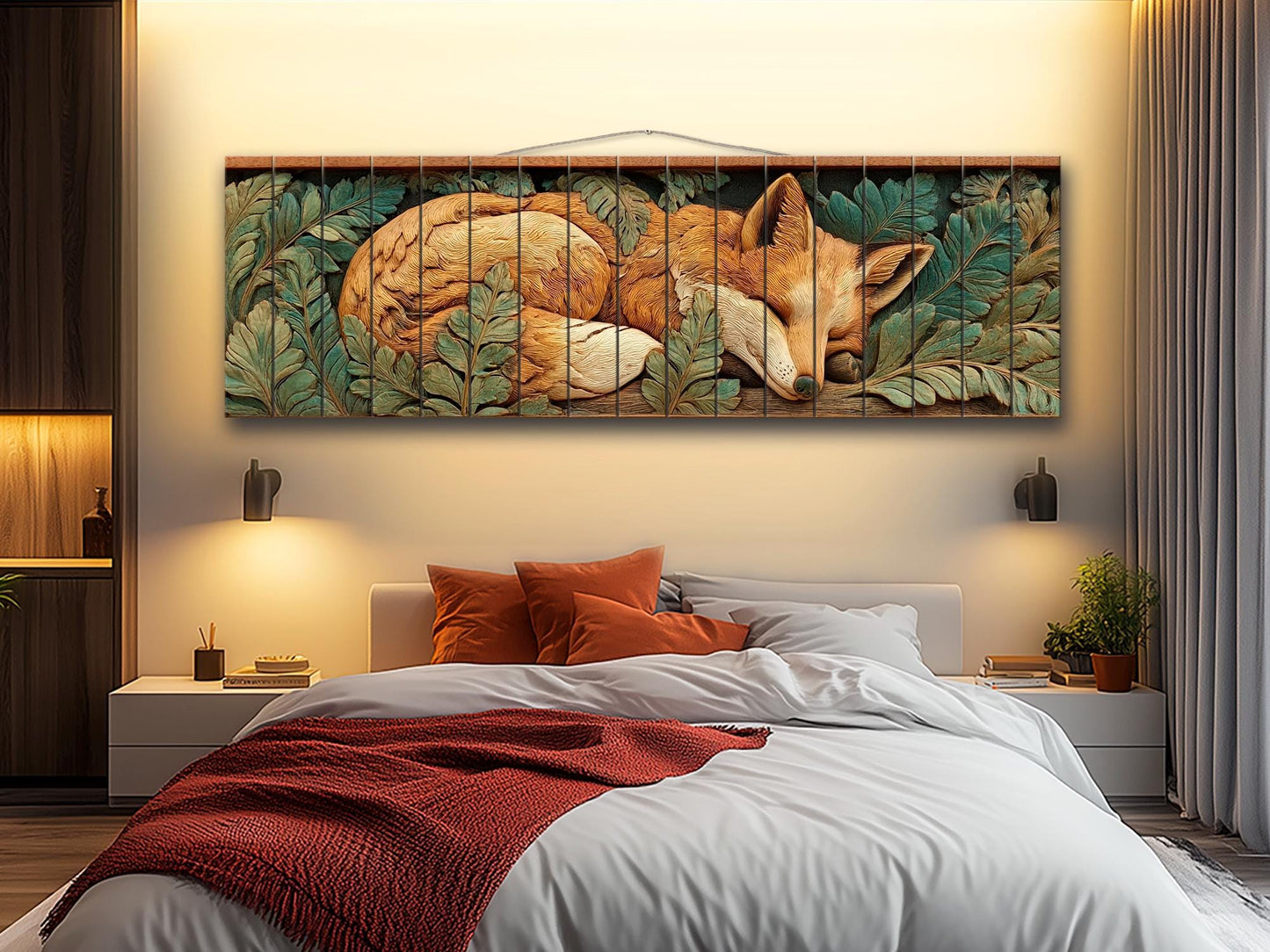 Fox Print On Wood - Rustic Woodland Wall Decor With Beige Green Planks