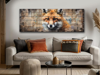 Fox Print Wood - Rustic Wood Art | Woodland Wall Decor With Beige Forest Painting