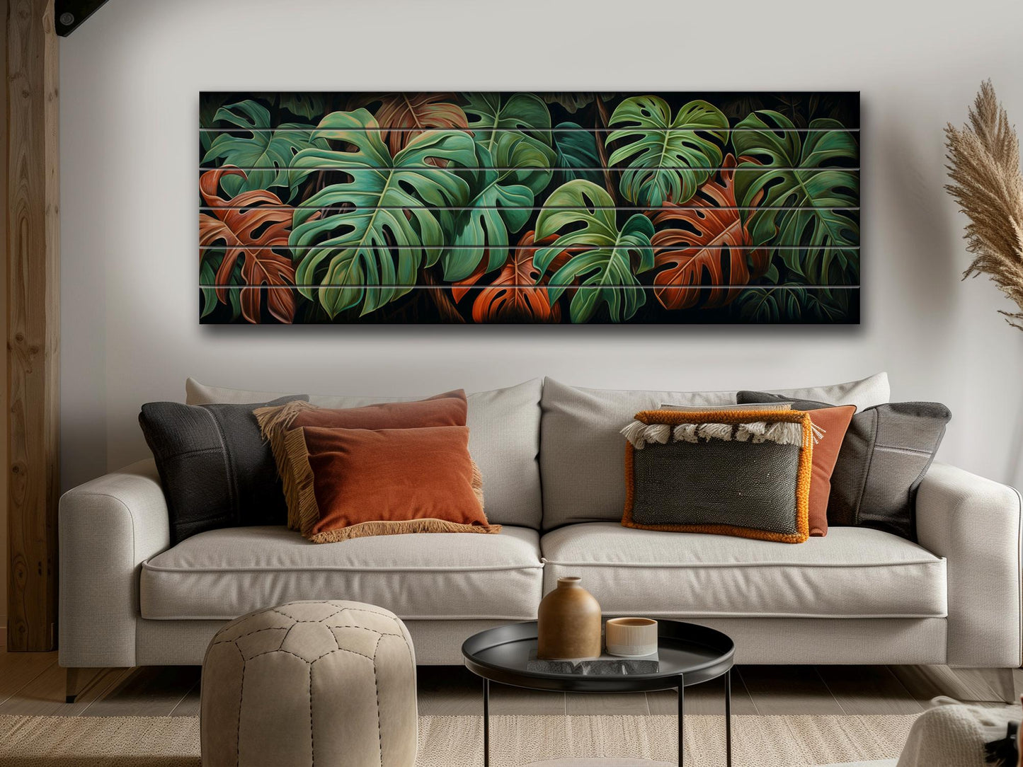 Wood Wall Art – Large Floral Wood Print with Philodendron Leaf Art | Rustic Farmhouse Decor