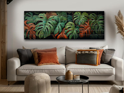 Wood Wall Art – Large Floral Wood Print with Philodendron Leaf Art | Rustic Farmhouse Decor