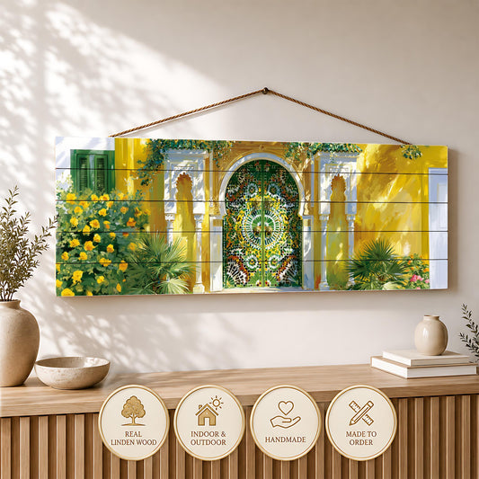 Moroccan Mosaic Door Canvas Print, Colorful Islamic Architecture Wall Art, Garden Entrance Painting