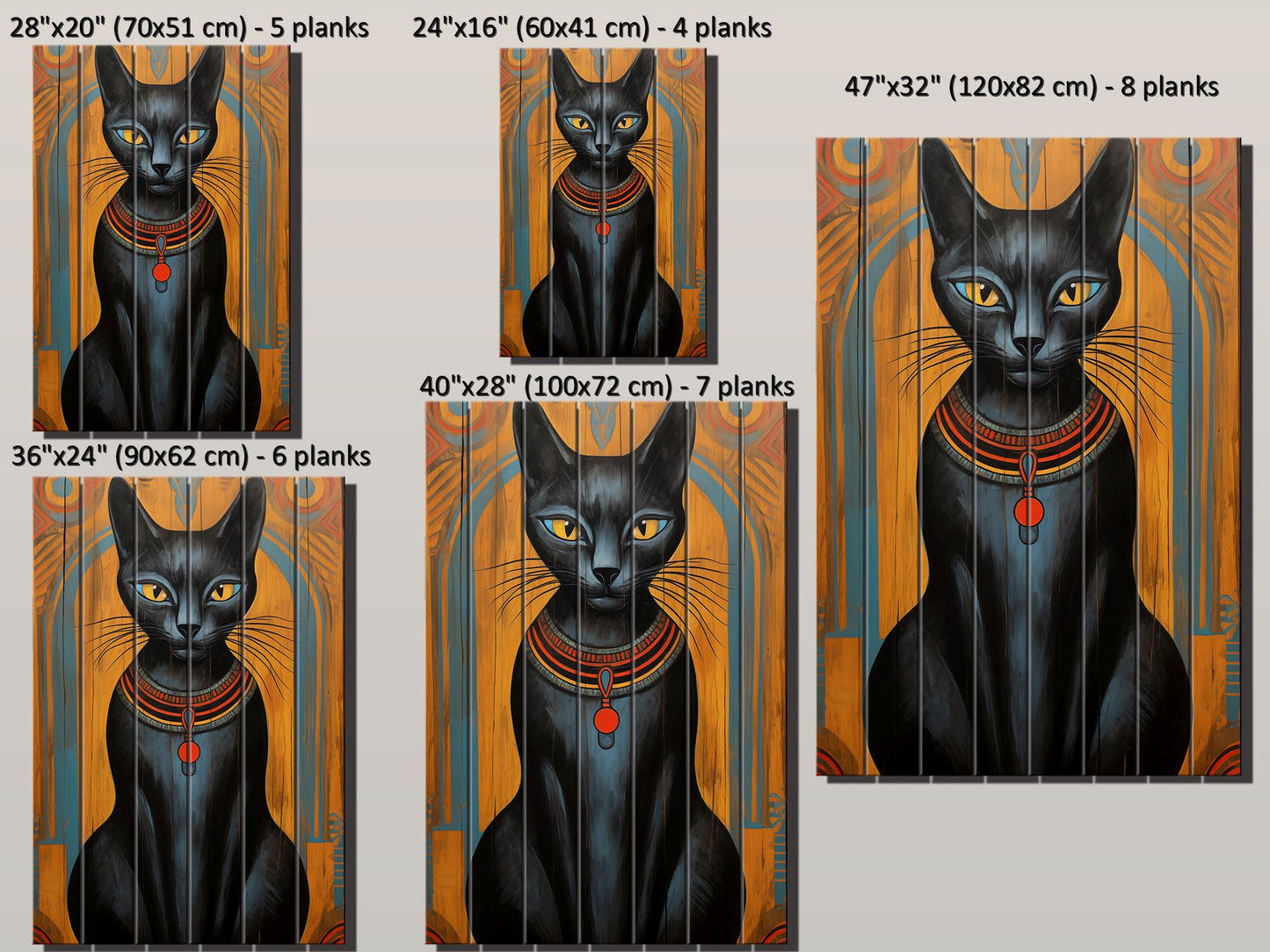 Black Cat Wall Art – Abstract Cat Print on Natural Wood Plank | Egyptian Style Decor