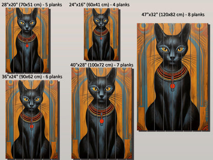 Black Cat Wall Art – Abstract Cat Print on Natural Wood Plank | Egyptian Style Decor