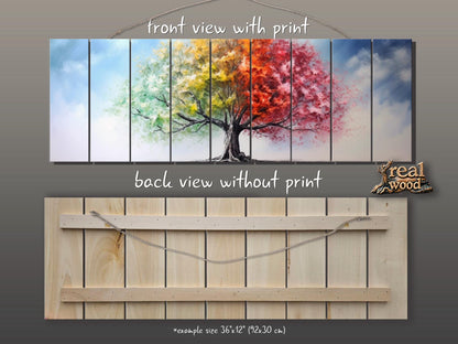 Wood Wall Art – Four Season Tree Print | Colorful Wood Art on Wooden Plank