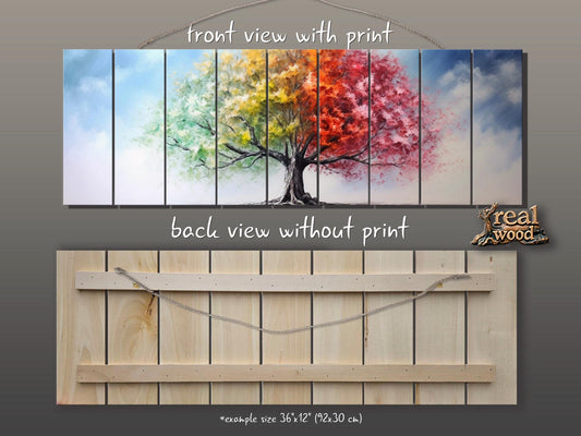 Wood Wall Art – Four Season Tree Print | Colorful Wood Art on Wooden Plank