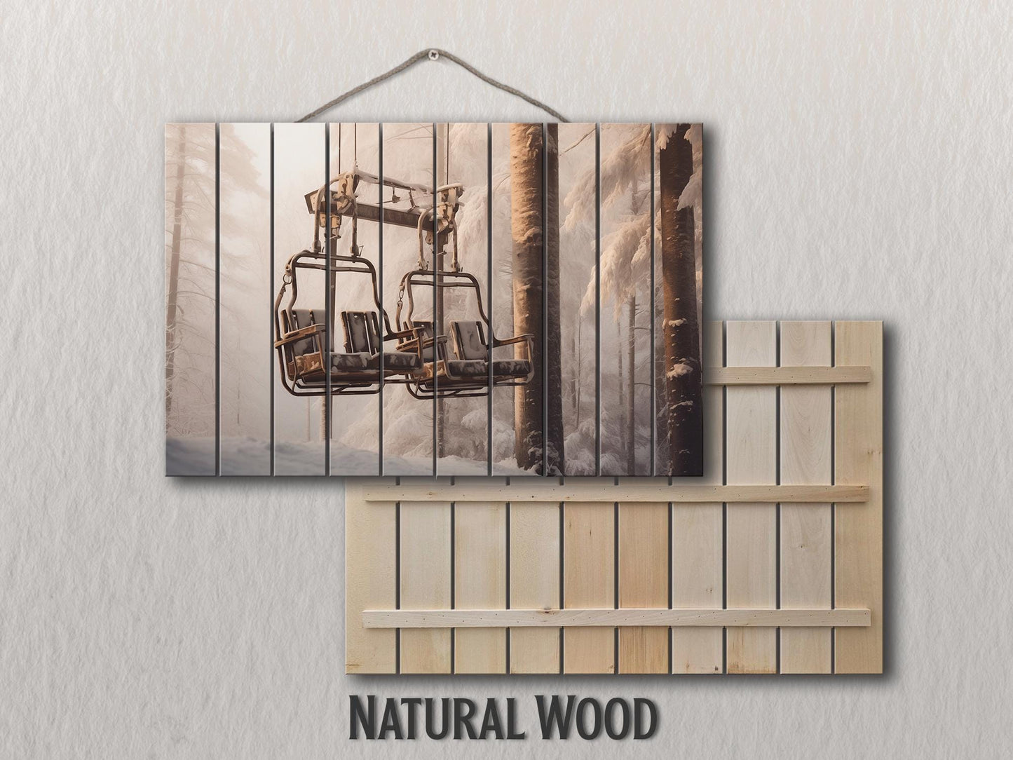 Retro Chairlift, Ski Lift Print On Natural Wood- Vintage Wall Art