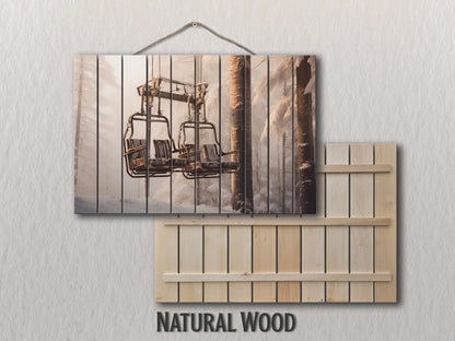 Retro Chairlift, Ski Lift Print On Natural Wood- Vintage Wall Art
