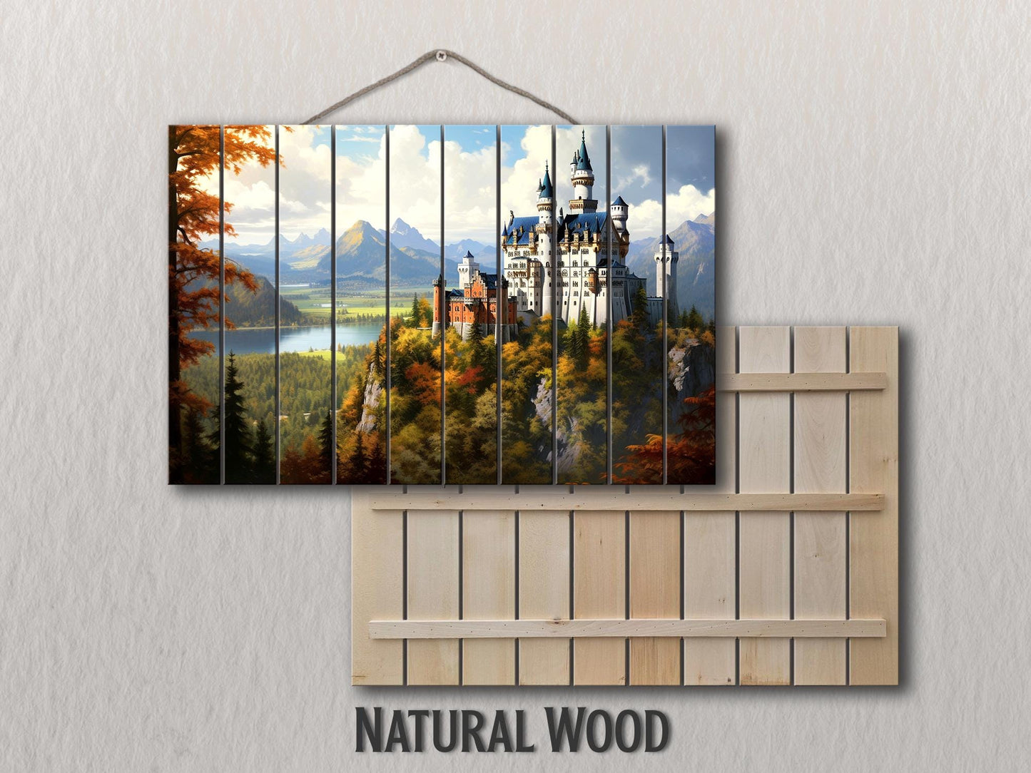Neuschwanstein Castle Painting | Rustic Wood Wall Art – Natural Wood Print