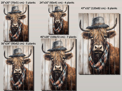 Rustic Wood Wall Art – Highland Cow Artwork on Natural Wood Planks | Farmhouse Wall Decor