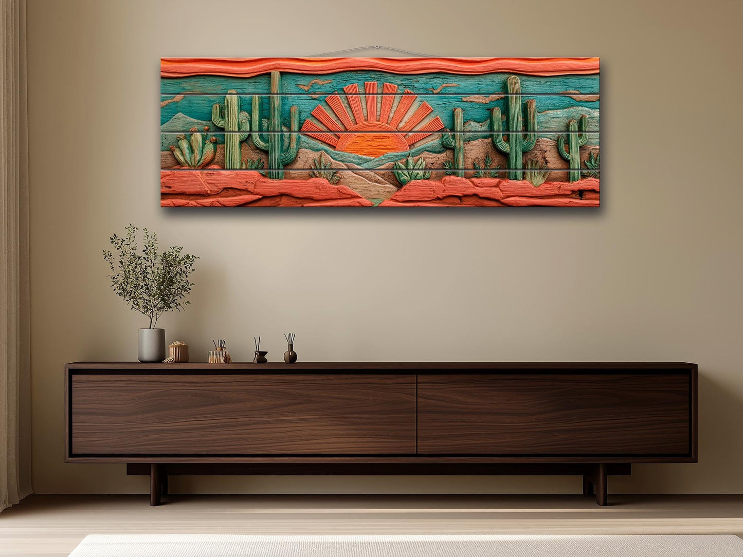 Arizona Desert Wood Print with Cactus and Sun, Rustic Vintage Southwest Wall Art