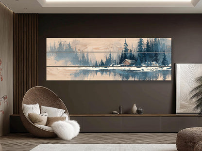 Wood Wall Art – Peaceful Snowy Landscape with Rustic Barn Print on Natural Wood
