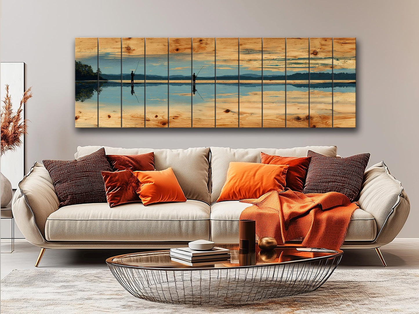 Fly Fishing Lake Print – Rustic Wood Wall Art, Panoramic Cabin Decor