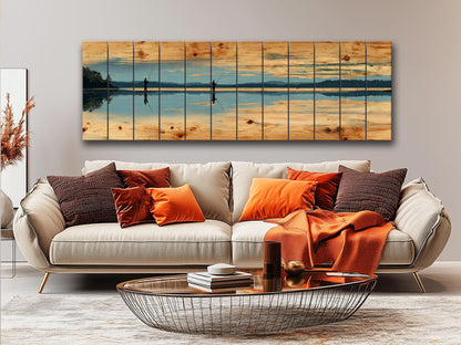 Fly Fishing Lake Print – Rustic Wood Wall Art, Panoramic Cabin Decor