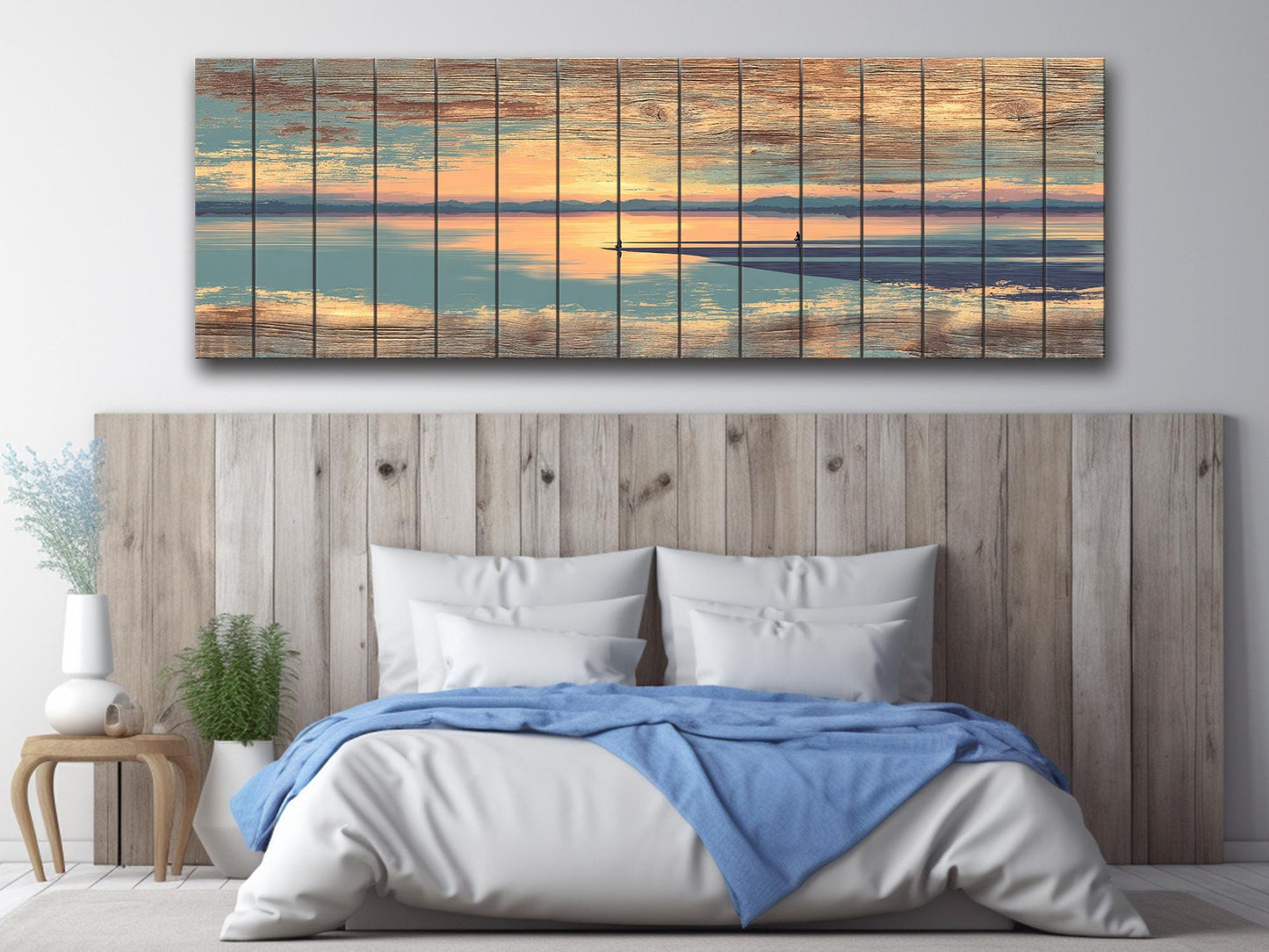 Sunrise Beach Yoga Print – Wooden Yoga Wall Art With Coastal Meditation Scene