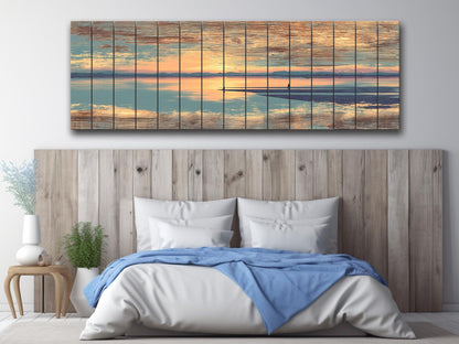 Sunrise Beach Yoga Print – Wooden Yoga Wall Art With Coastal Meditation Scene