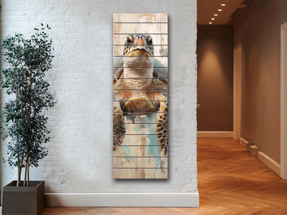 Sea Turtle Wood Print – Natural Wood Plank Art | Coastal Wall Decor