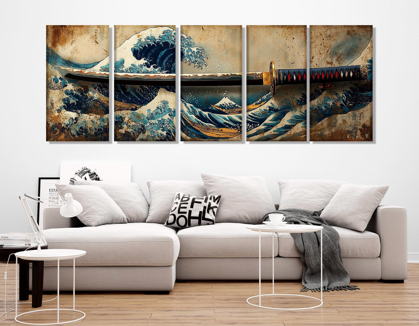 Japanese Wall Art – Samurai Sword Canvas with Great Wave Print | Framed Canvas Art Ready to Hang