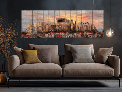 Athens Wood Print – Rustic Wall Art with Acropolis Sunset on Distressed Wood