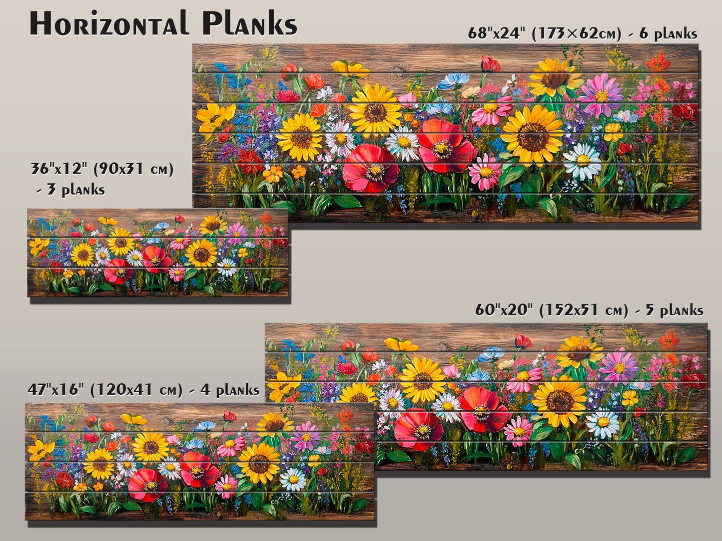 Wood Wall Art – Rustic Floral Wall Art with Daisy Sunflower Poppy Summer Print