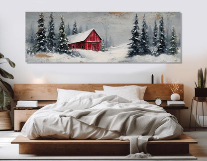 Winter Wall Decor – Snowy Landscape Print With Rustic Barn Canvas, Framed